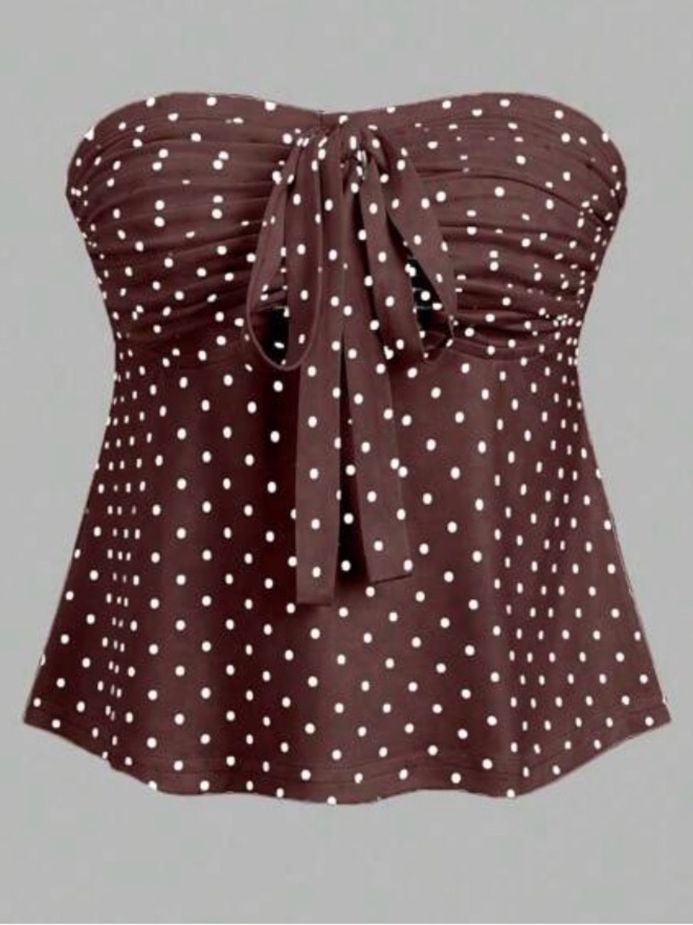 SHEIN Brown Polka Dot Strapless Tankini Top with Front Tie